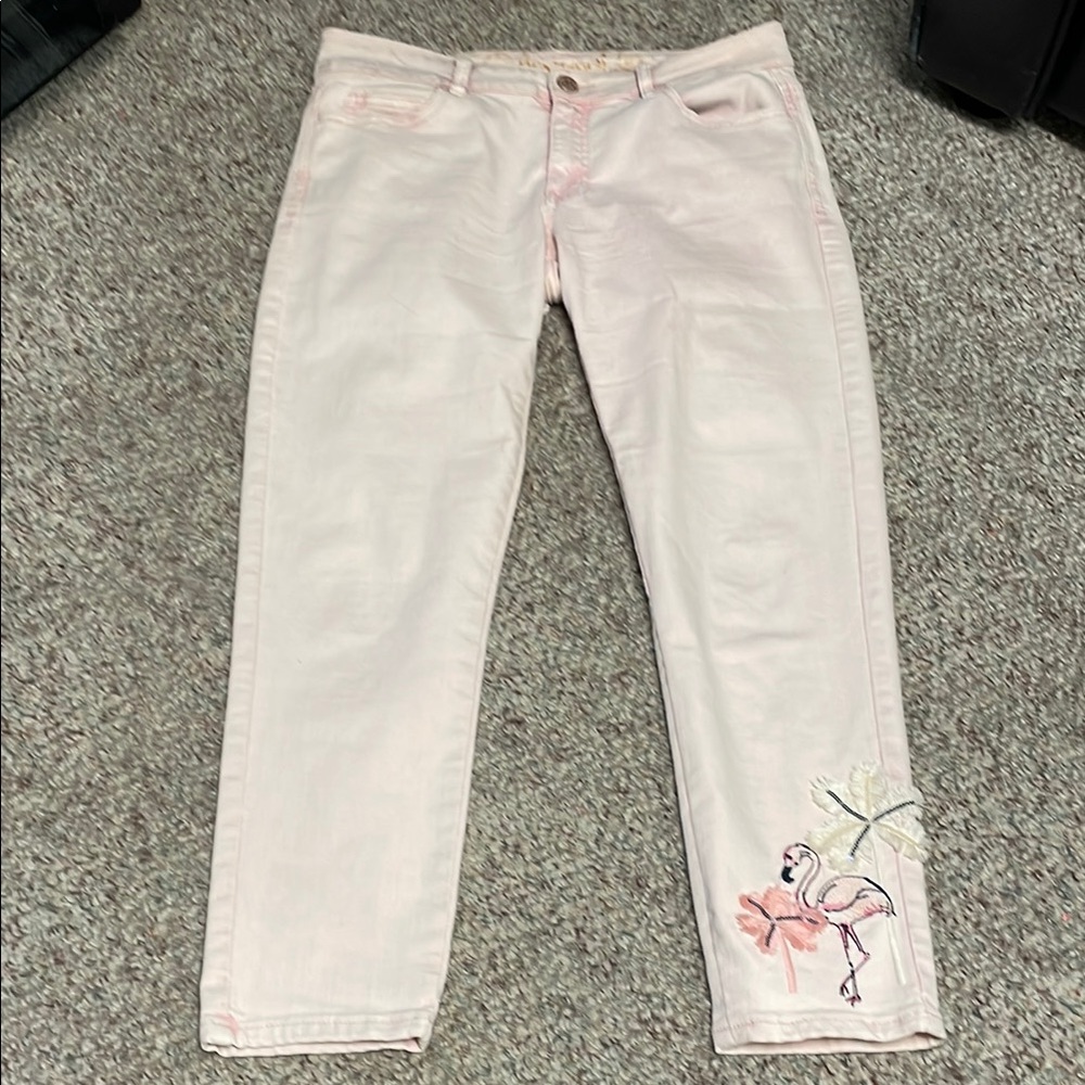 Desigual Pink Ankle Cropped Jeans with flamingo Embroidery
